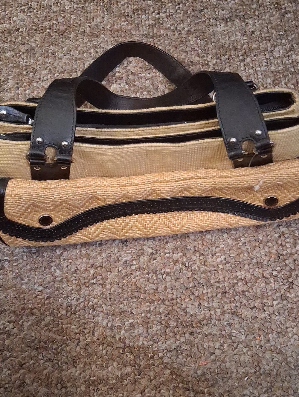 Y2K Cole Haan Tan MeganStraw Three Section Handbag with Black Trim and Handles.